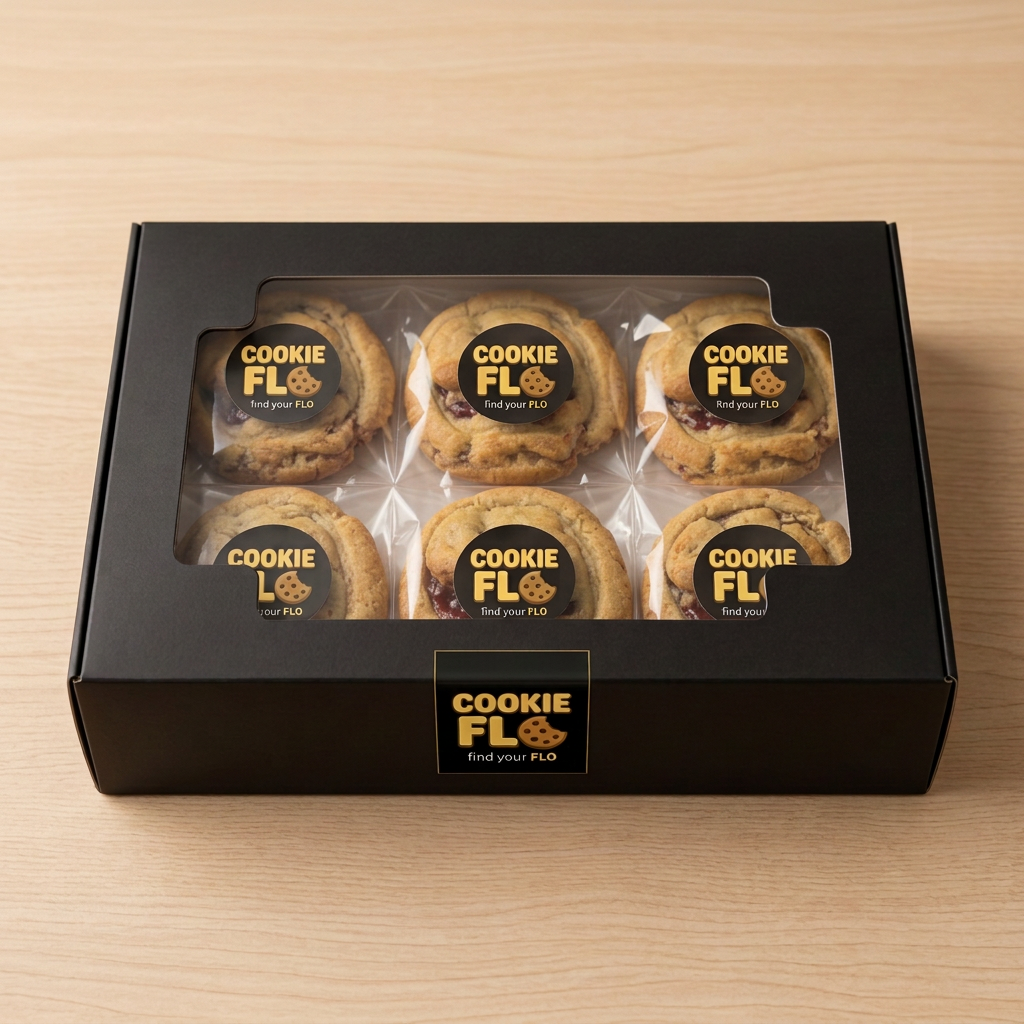 PB&J JAM cookies in a black Cookie Flo box